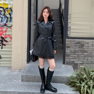 黑色甜酷机车风女神范皮衣外套女2025秋新款百搭收腰系带PU皮夹克图片