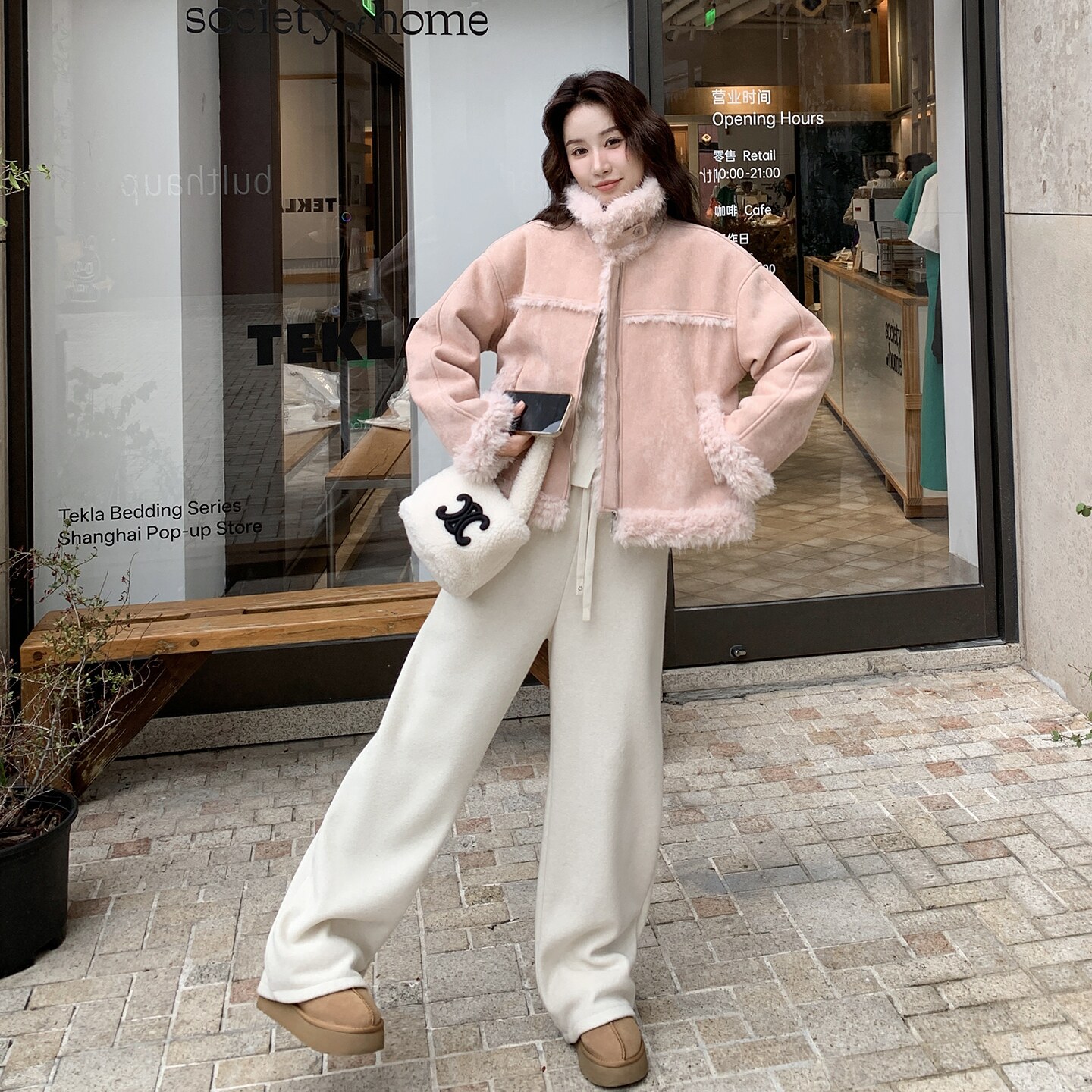 粉色皮毛一体羊羔毛外套女2025冬短款毛领夹克加厚保暖小个子减龄,女装短外套,2C236