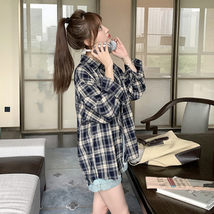 复古格子衬衫上衣女2024秋季新款韩系慵懒风宽松休闲小个子外套潮图片