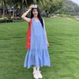 蓝色清冷感无袖背心连衣裙女2025夏季法式温柔气质减龄设计感长裙，女装连衣裙，2C135