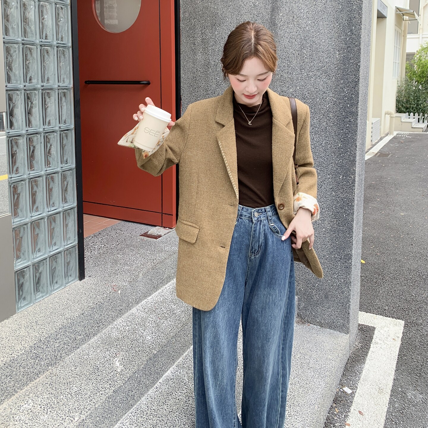 卡其色印花粗花西装羊毛外套女2025秋季新款宽松休闲高级气质西服,女装毛呢外套,2C258