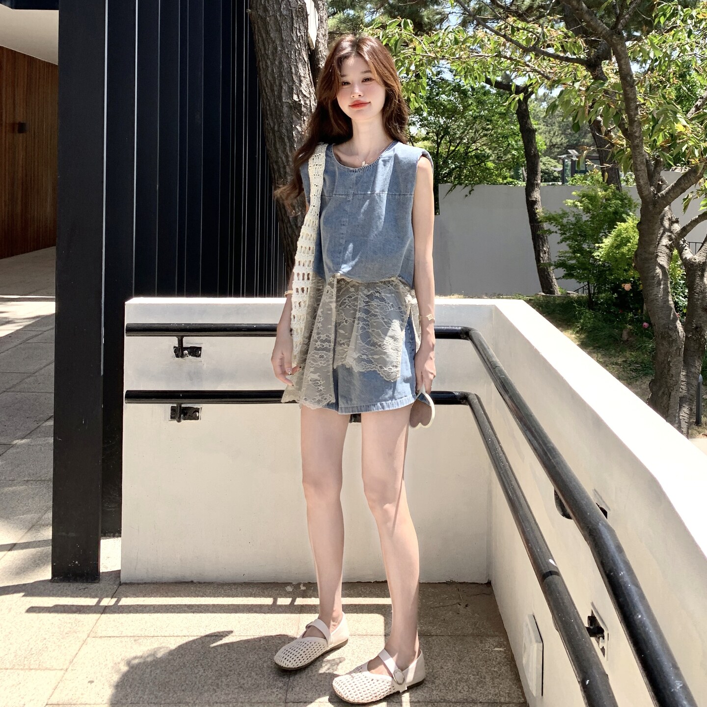 现货：夏装新款牛仔拼接蕾丝马甲短裤两件套2C135-8866P145K218,女装套装/套裙,2C135