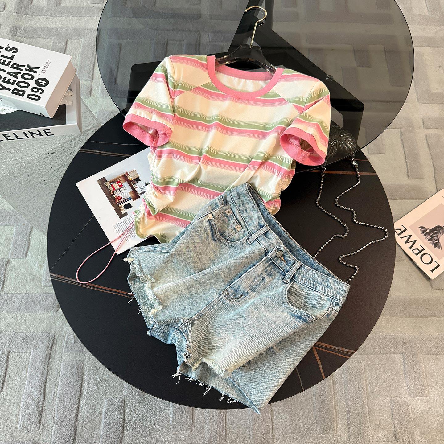 潮流休闲时尚运动套装女夏季新款洋气减龄圆领短袖牛仔短裤两件套图片