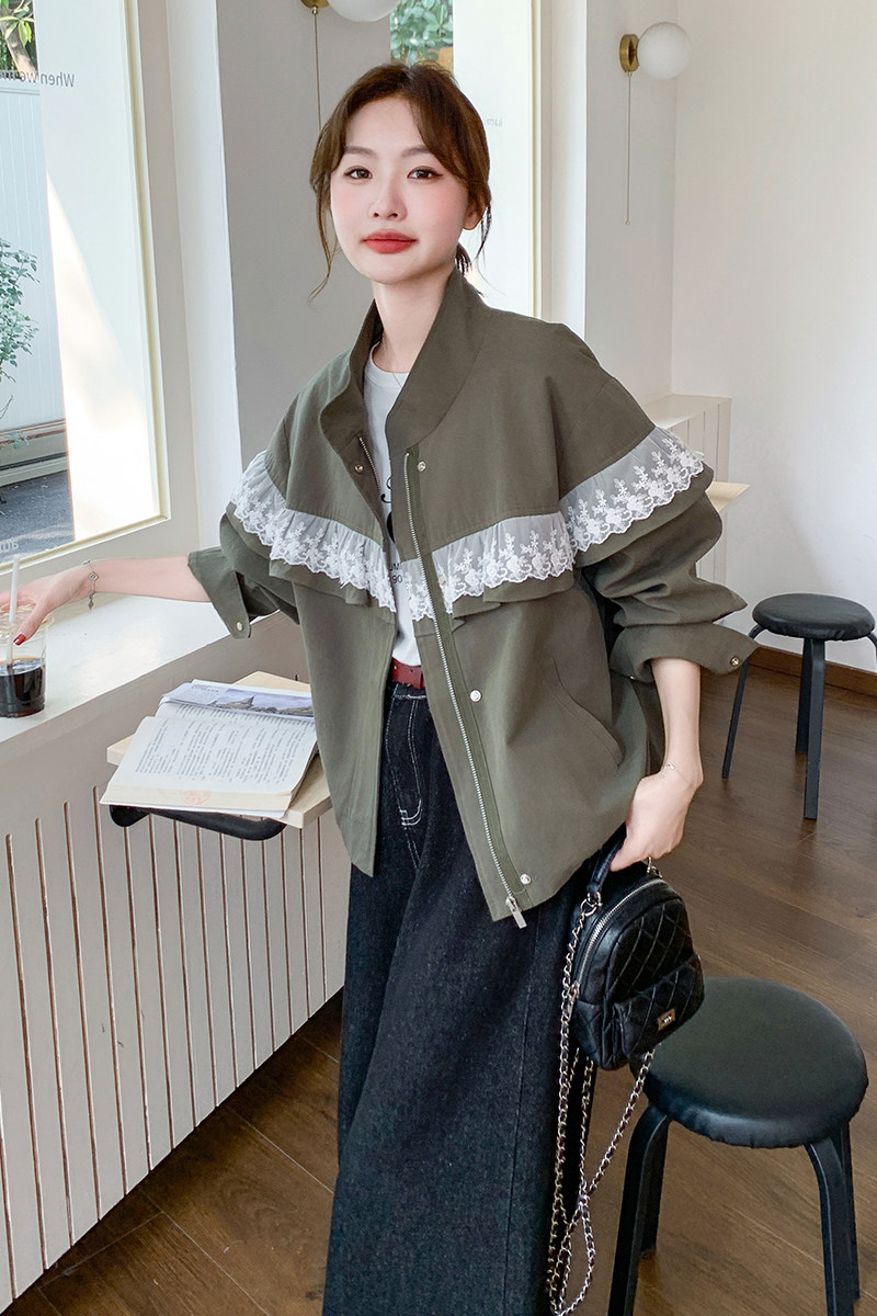 拉链纽扣女少女风纯色抗皱短外套短款拼接百搭撞色春秋小个子时尚,女装短外套,2C159