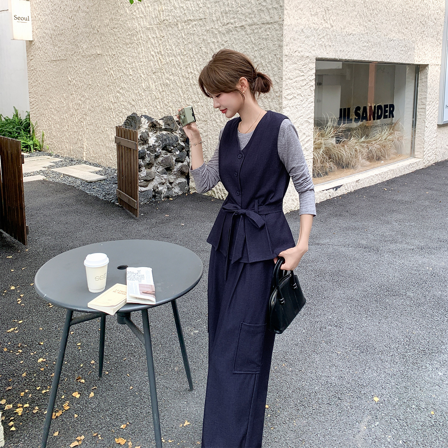 老钱风显瘦气质马甲套装女2025春秋季新款盐系打底衫阔腿裤三件套,女装套装/套裙,2C126