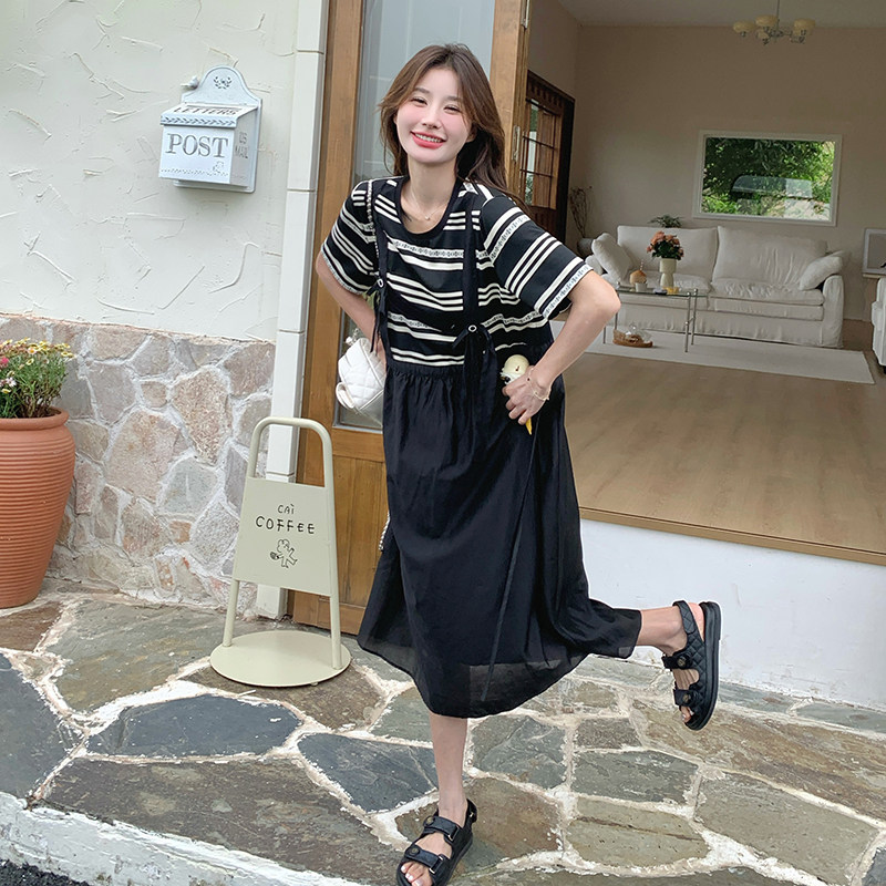 法式甜美条纹拼接连衣裙女2025夏季新款韩版宽松显瘦假两件长裙子,女装连衣裙,2C098