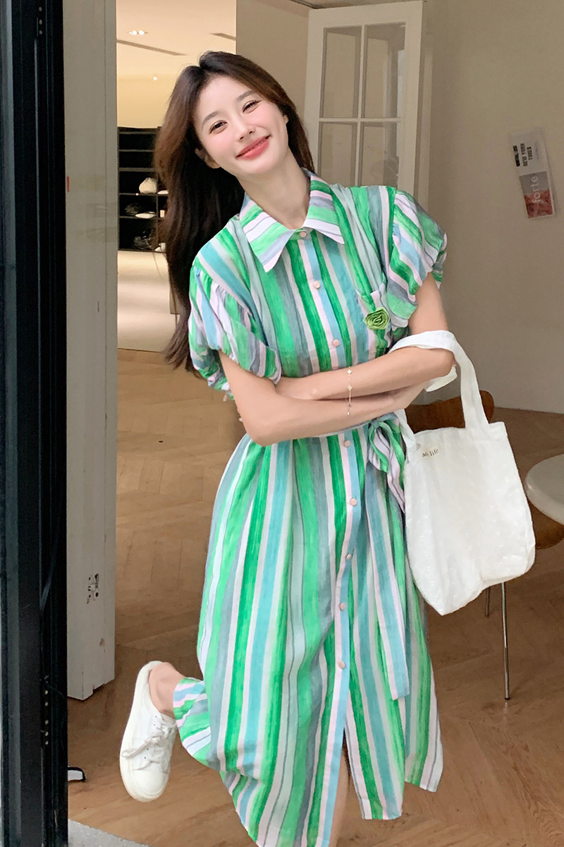 宽松慵懒风条纹灯笼袖连衣裙女夏2025新款休闲显瘦遮肚子女生长裙,女装连衣裙,2C115