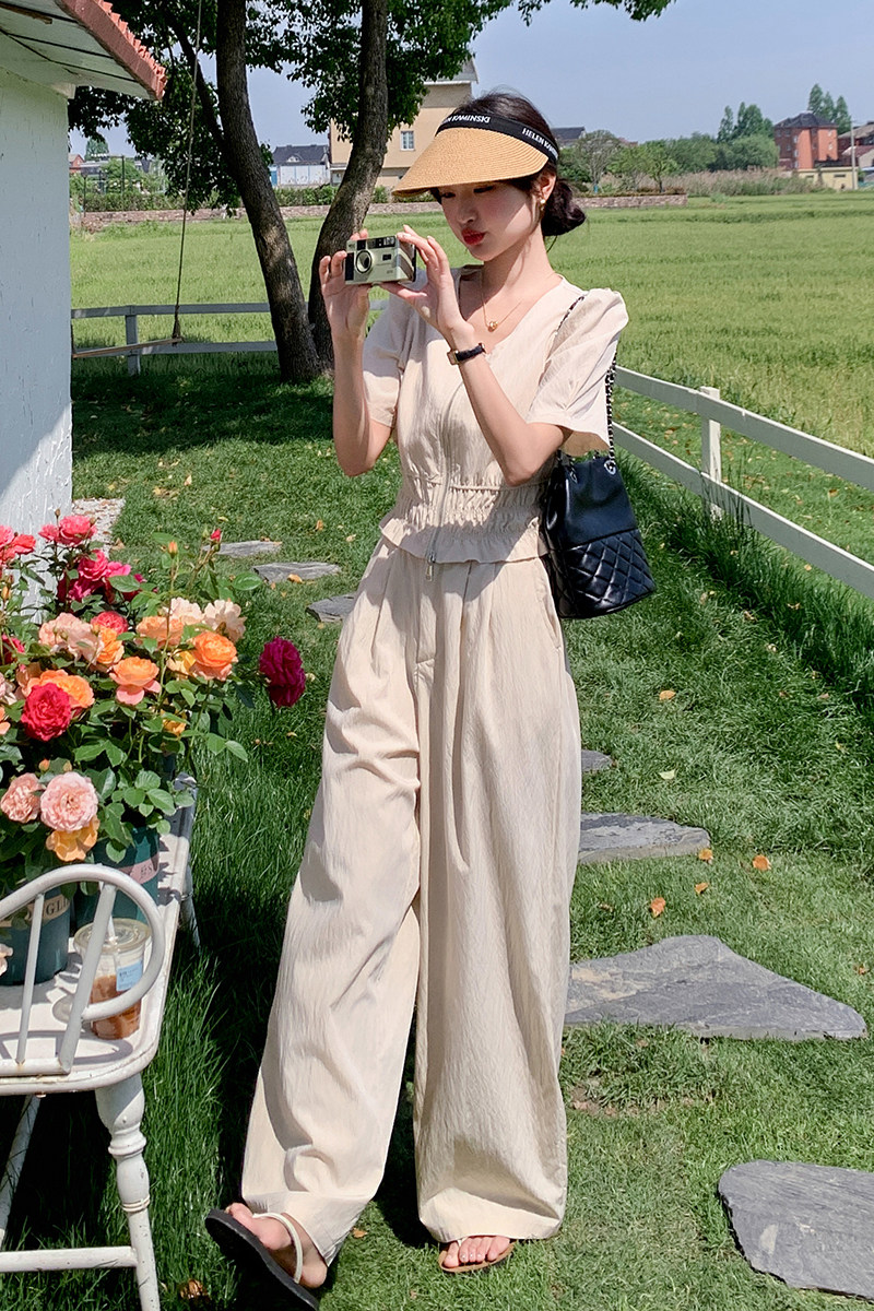 法式气质高级感v领上衣套装女2025夏季新款宽松显瘦阔腿裤两件套,女装套装/套裙,2C159