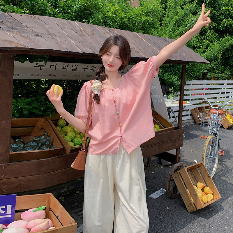 【现货】粉色泡泡袖上衣休闲裤两件套装夏季女4218-P135-K205,女装套装/套裙,2C126