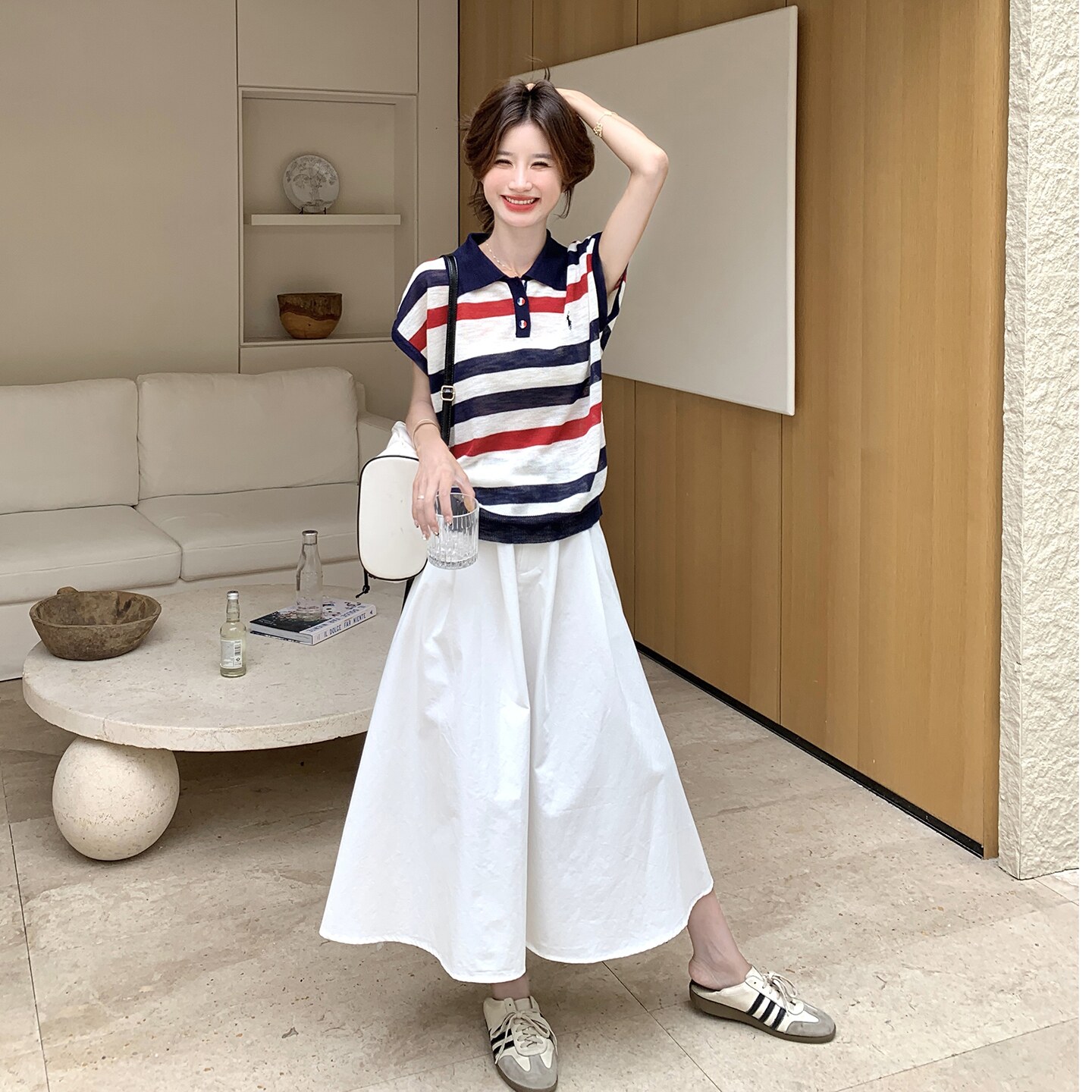 美式学院风条纹polo领上衣套装裙女2025夏季新款休闲半身裙两件套,女装套装/套裙,2C166