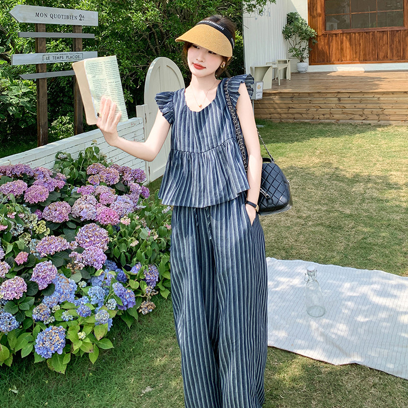 现货！牛仔套装女宽松显瘦条纹阔腿裤两件套潮5078P145K208,女装套装/套裙,2C166
