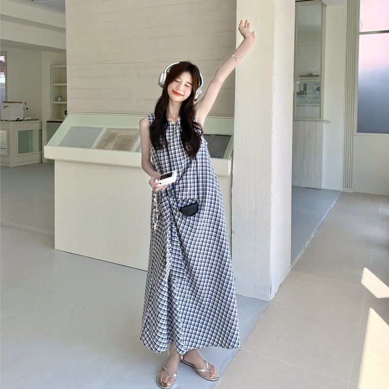 收腰不规则系带格子无袖连衣裙女夏2025新款法式设计感小众背心裙,女装连衣裙,2C159