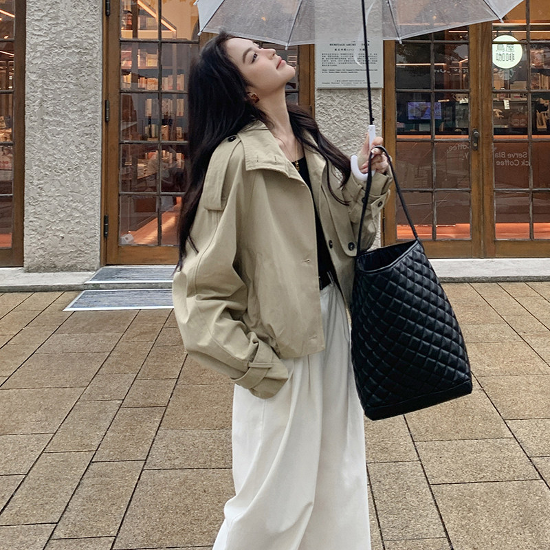 韩系chic卡其色短款风衣外套女春秋2025新款日常通勤穿搭夹克上衣,女装短外套,2C112