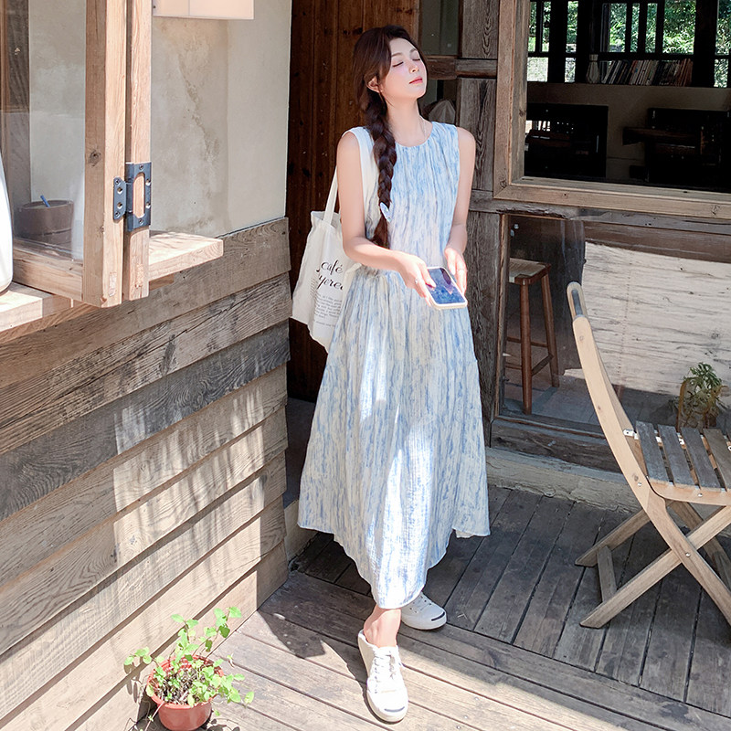 蓝色无袖挂脖连衣裙女2025年夏季新款法式晕染茶歇温柔风背心裙潮,女装连衣裙,2D009