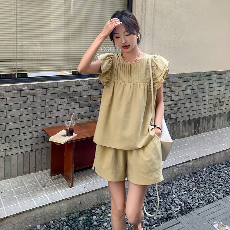 轻熟小个子套装夏季飞飞袖衬衫阔腿裤两件套5050P135K198,女装套装/套裙,2C166