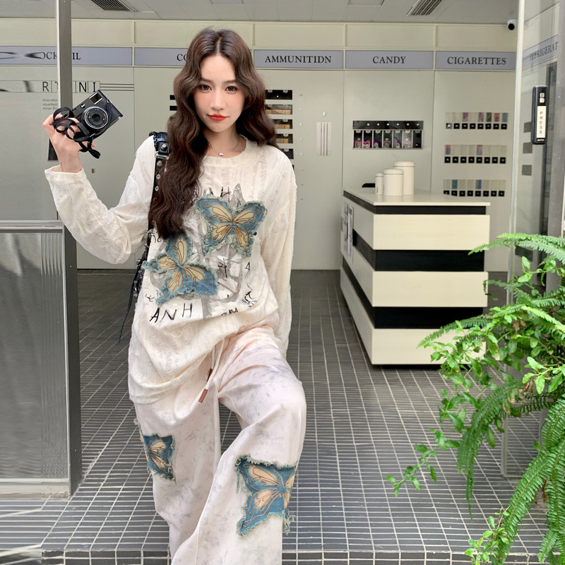 美式复古蝴蝶印花长袖T恤女两件套装2025秋季新款宽松气质休闲裤,女装套装/套裙,2C087