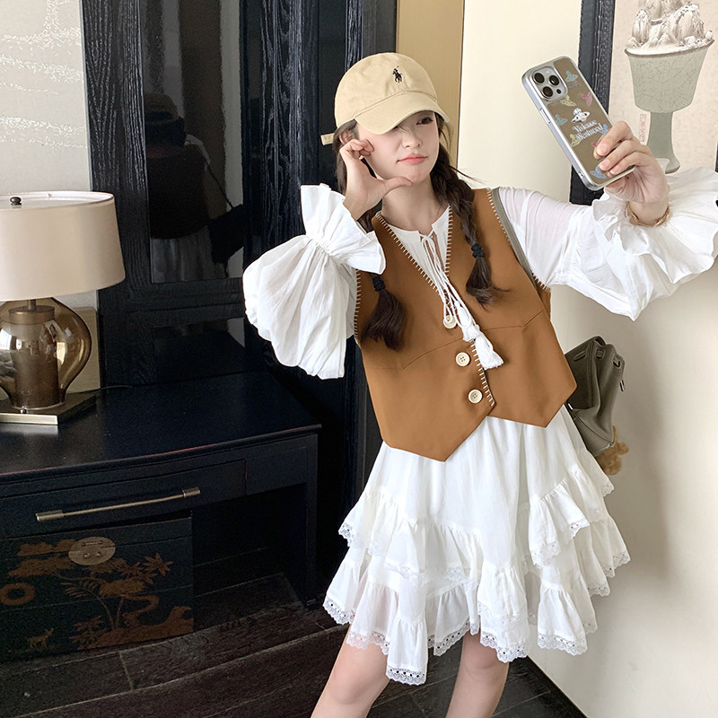 韩系甜美减龄初恋蛋糕裙套装女2025春秋季新款显瘦复古马甲两件套,女装连衣裙,2D035