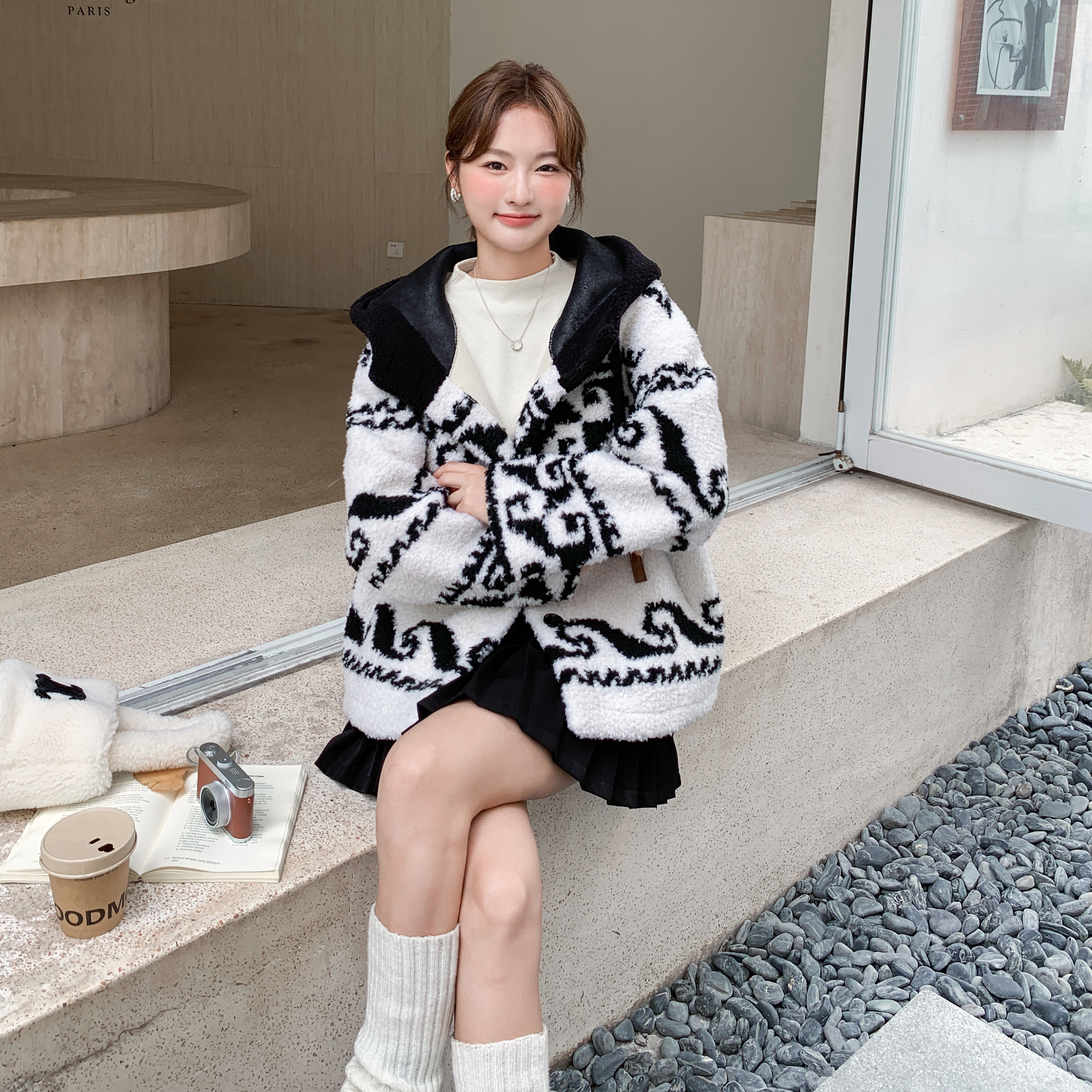 费尔岛提花设计连帽羊羔毛外套女秋冬2025新款皮毛一体超好看棉服,女装棉衣/棉服,2C122