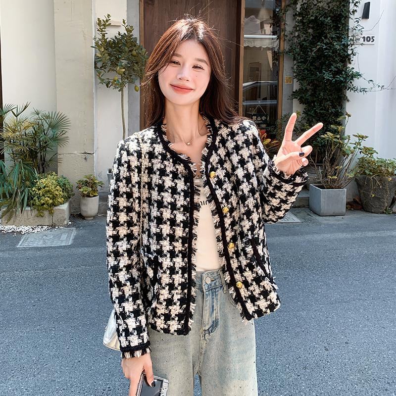 黑白千鸟格小香风短外套女2025春秋新款高级感小个子休闲短款上衣图片