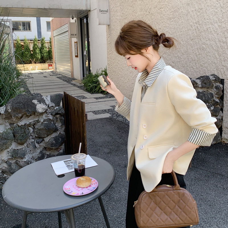 长袖常规款女衬衫袖拼接V领西装撞色时尚宽松气质小香风显瘦气质,女装西装,2C266