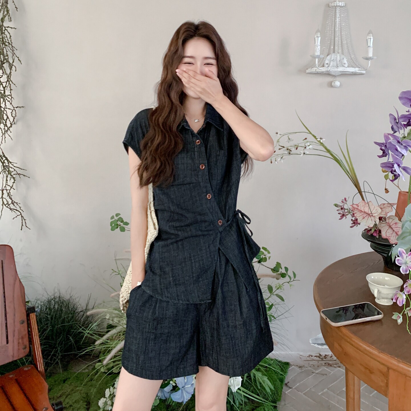韩系显瘦牛仔衬衫短裤两件套女2025夏新款港风复古休闲穿搭一整套,女装套装/套裙,2C323