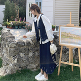 新中式时尚牛仔套装女潮娃娃领衬衫宽松百搭刺绣马甲半身裙三件套，女装套装/套裙，2C218