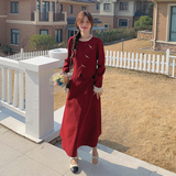 红色新中式连衣裙女春秋2024新款法式显瘦设计感小个子假两件长裙，女装连衣裙，2C098