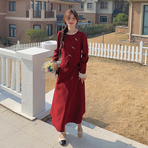红色新中式连衣裙女春秋2024新款法式显瘦设计感小个子假两件长裙图片