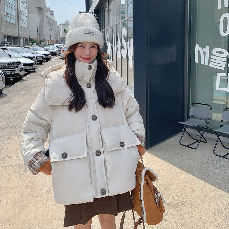 格子拼接连帽羽绒服女冬季2025新款高级感加厚设计感小众美式复古,女装羽绒服,2C073