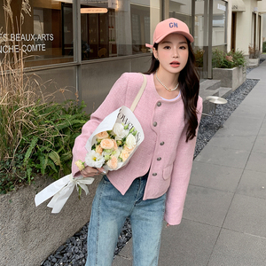 粉色不规则设计感小香风外套女2023秋新款今年流行小个子爆款上衣图片