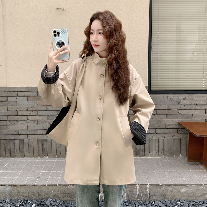 卡其色格子拼接风衣外套女2025秋季新款韩版今年流行气质时尚大衣,女装风衣,2C115