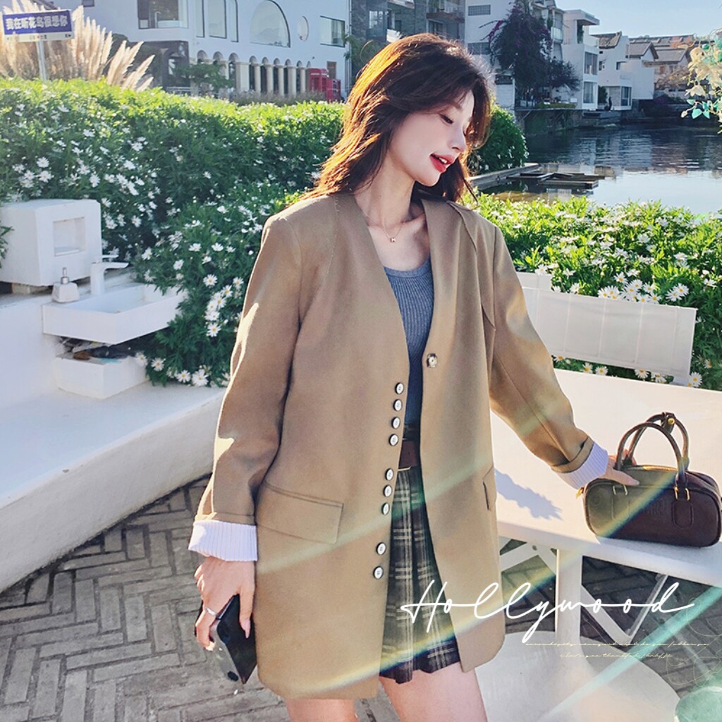 卡其色高品质西装外套女秋季2025年设计感小众休闲气质高级感西服,女装西装,2C077