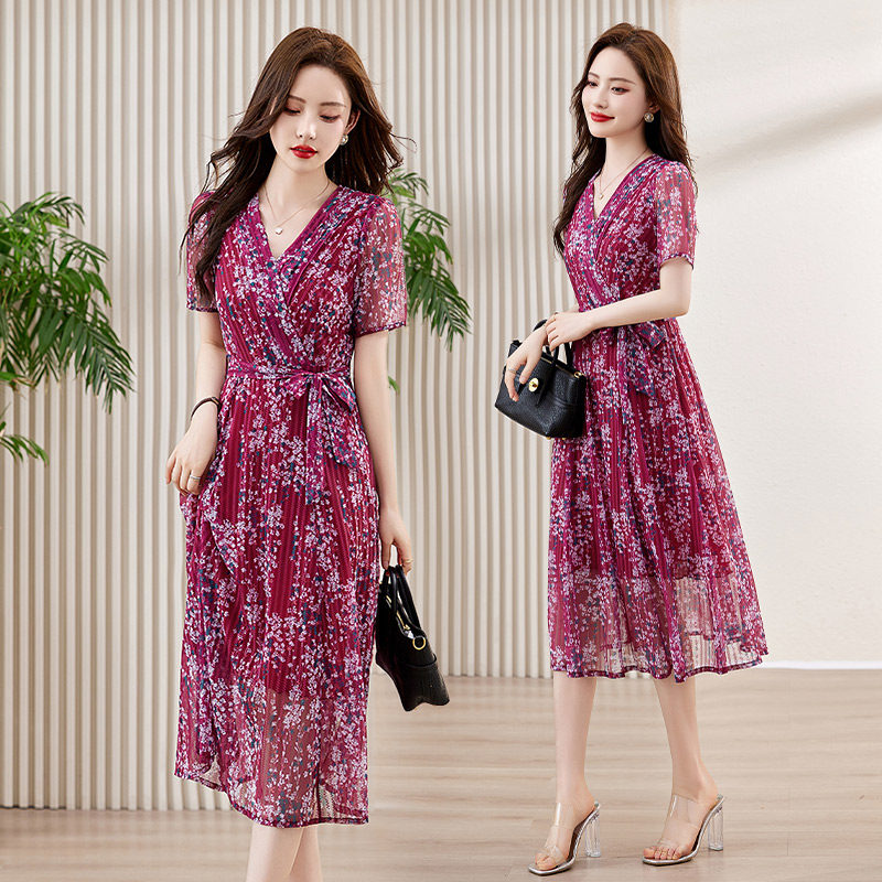 【新品】吾爱衣2418款碎花连衣裙女韩版系带收腰中长裙子,女装连衣裙,吾爱衣