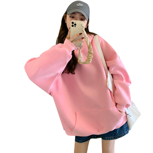 粉色时尚减龄连帽卫衣女秋季2024新款小个子oversize加厚套头上衣图片