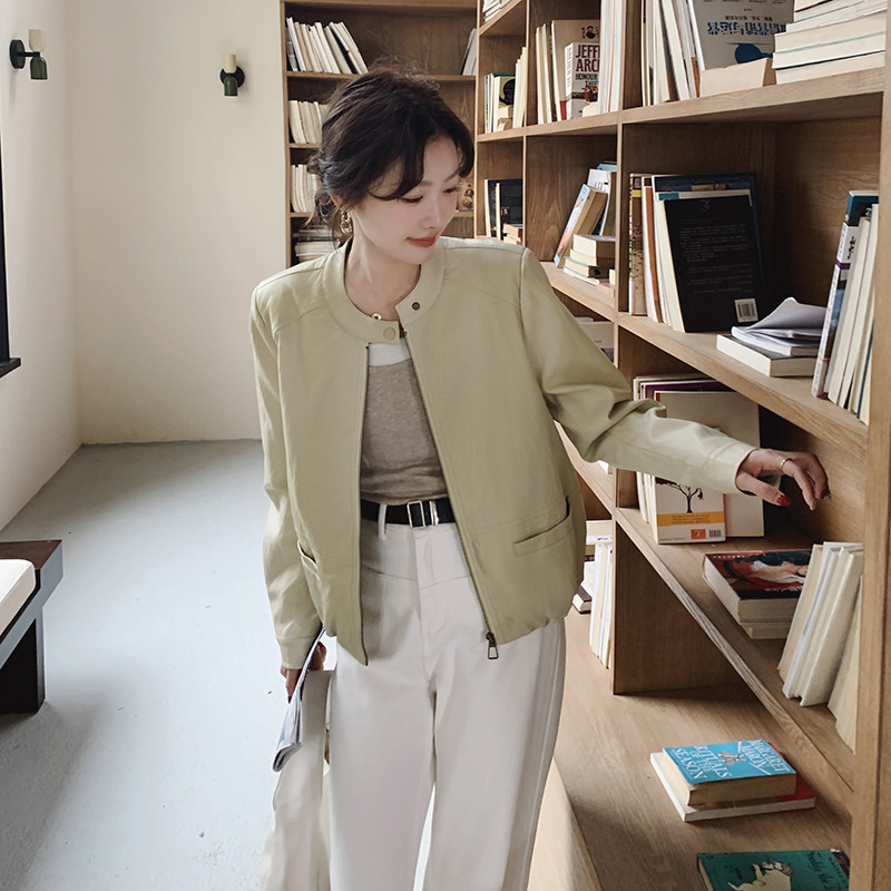 炸街立领pu皮衣外套女秋季2025新款小个子韩系休闲短款夹克上衣,女装皮衣,2C126