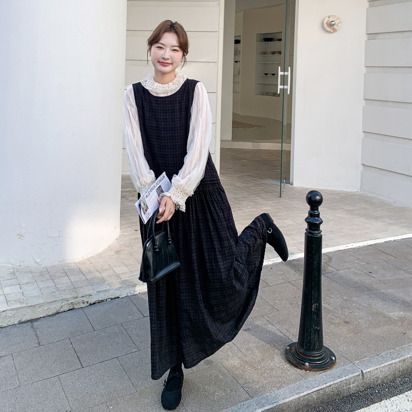 秋新款赫本风蕾丝上衣+黑色格子连衣裙两件套2C375-576-P175-K258,女装套装/套裙,2C375