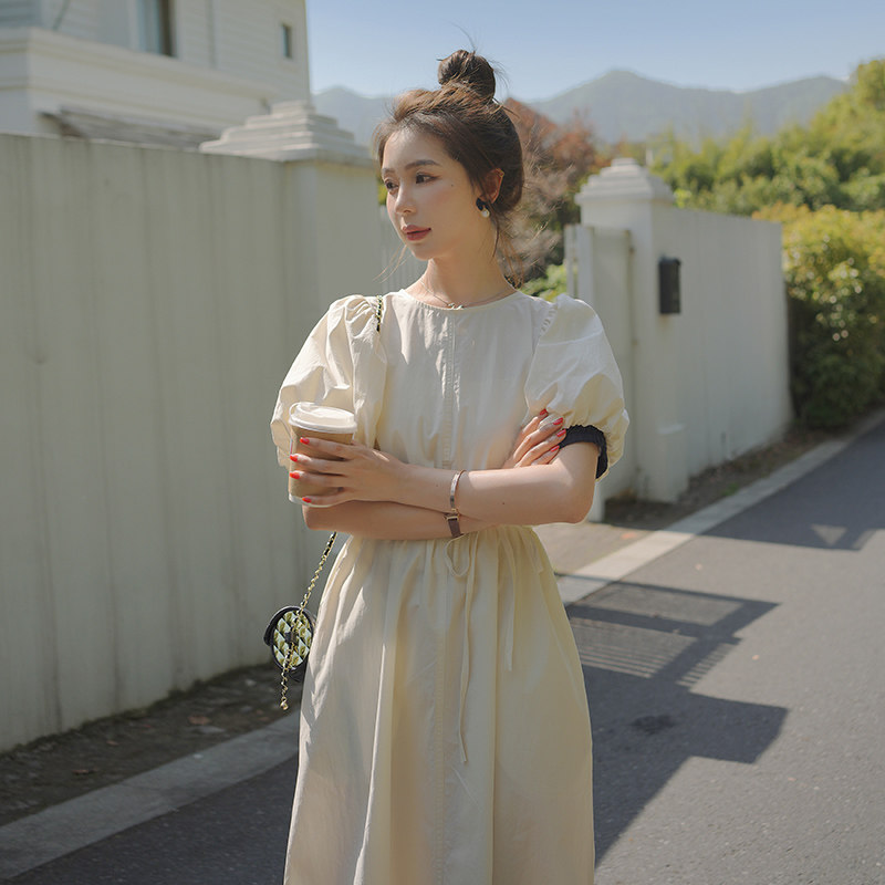法式独特绝美粉色连衣裙女夏2025新款赫本风气质收腰泡泡袖长裙,女装连衣裙,2C016