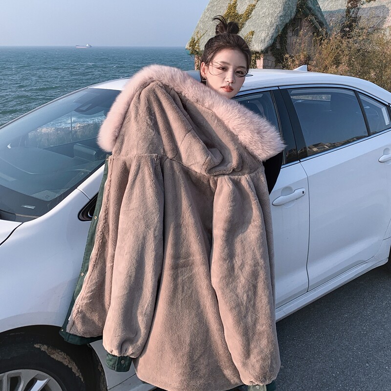 【现货】2025冬季粉色拼接墨绿色连帽派克服2C056-9013-P205控288,女装派克服,2C056