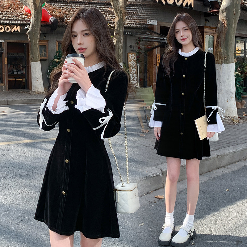 新款现货！高端温柔精致时尚气质圆领复古拼色丝绒连衣裙,女装连衣裙,先锋丽姿