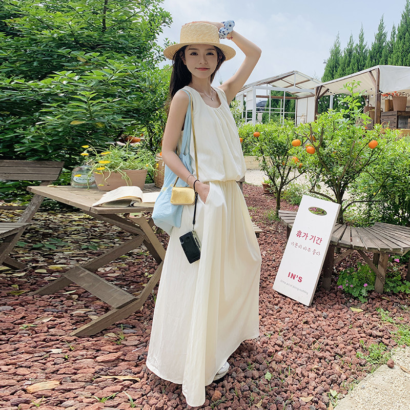 白色无袖背心套装裙女夏2024新款法式温柔风宽松a字半身裙两件套,女装套装/套裙,2C088