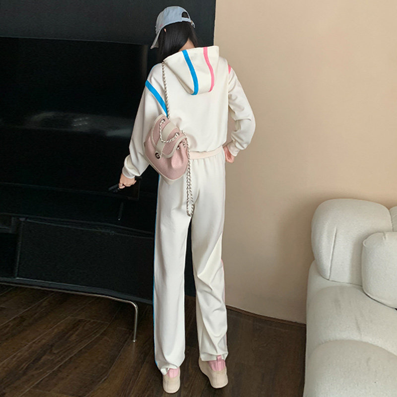 女春季洋气拼接色连帽卫衣直筒卫裤两件套潮,女装套装/套裙,2C310