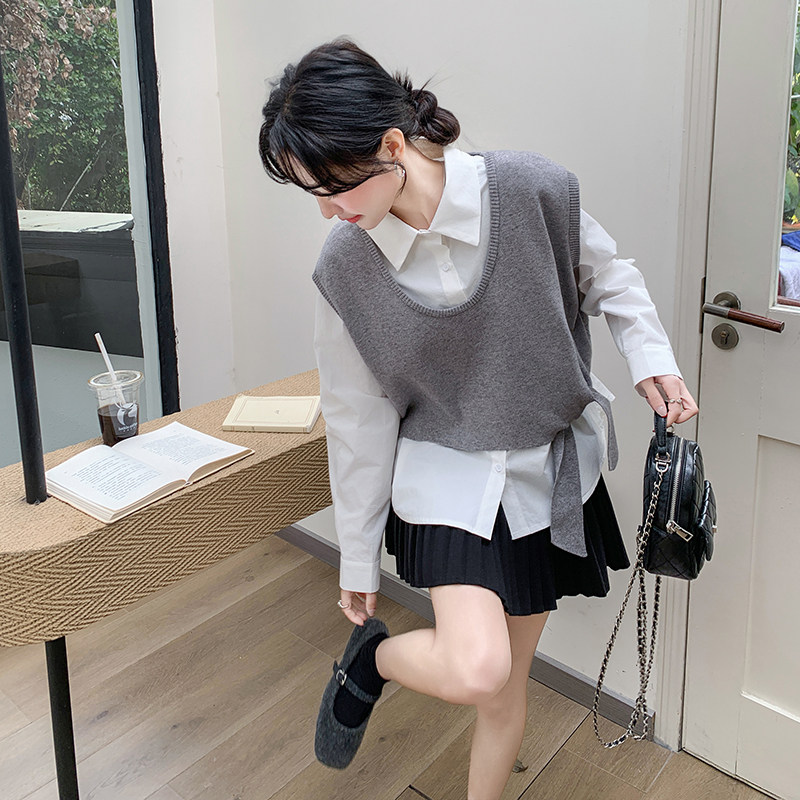 高级松弛感穿搭套装女设计感系带针织马甲衬衫两件套6153P125K188,女装套装/套裙,2C166