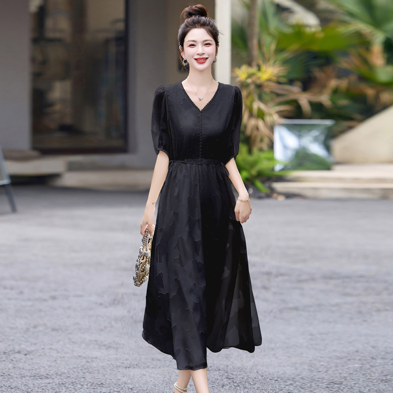 2025年夏季优雅气质女装提花系带贝壳袖长款显瘦减龄连衣裙,女装连衣裙,丽莎妳雅