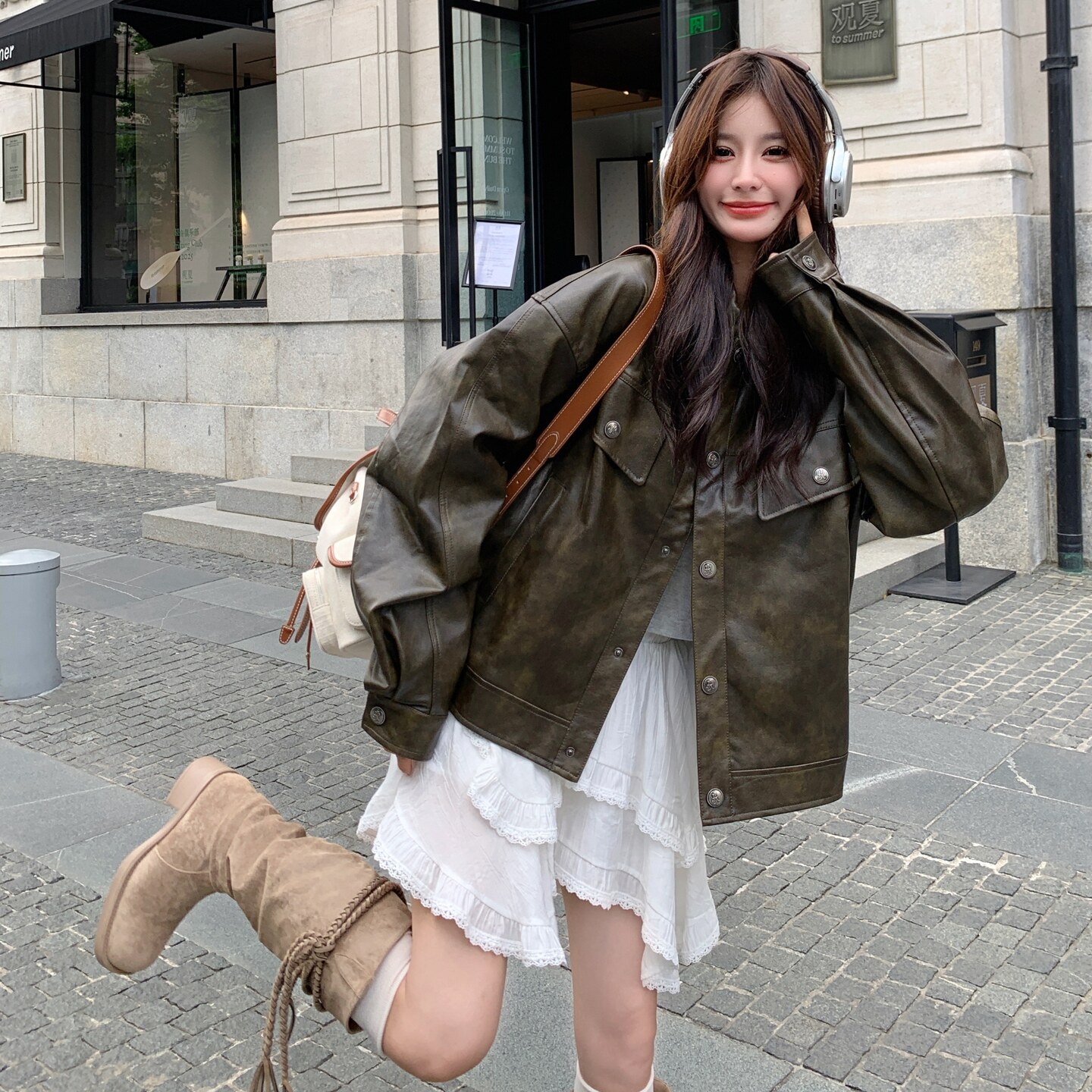 绿色复古皮衣外套女2025秋季新款韩版小个子气质高级感机车服夹克图片