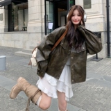 绿色复古皮衣外套女2025秋季新款韩版小个子气质高级感机车服夹克，女装皮衣，2C325