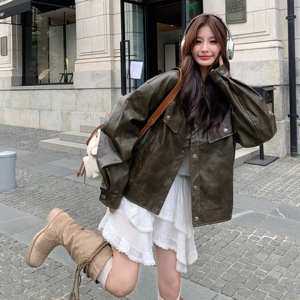 绿色复古皮衣外套女2025秋季新款韩版小个子气质高级感机车服夹克图片