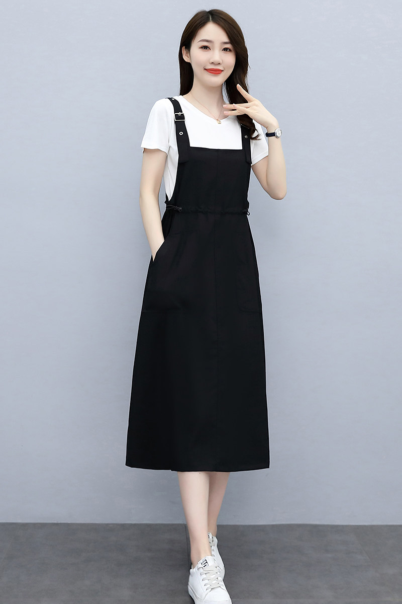 背带裙女2025年夏季新款宽松显瘦气质百搭小个子纯色连衣裙两件套,女装连衣裙,蓝朵琳