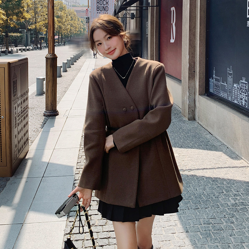 美拉德咖色带围巾款双面呢羊绒大衣女2024冬季新款双排扣毛呢外套,女装棉衣/棉服,2C280