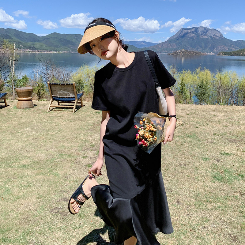 别致绝美网纱拼接t恤连衣裙女夏2025新款小众设计感宽松鱼尾长裙,女装连衣裙,2C316
