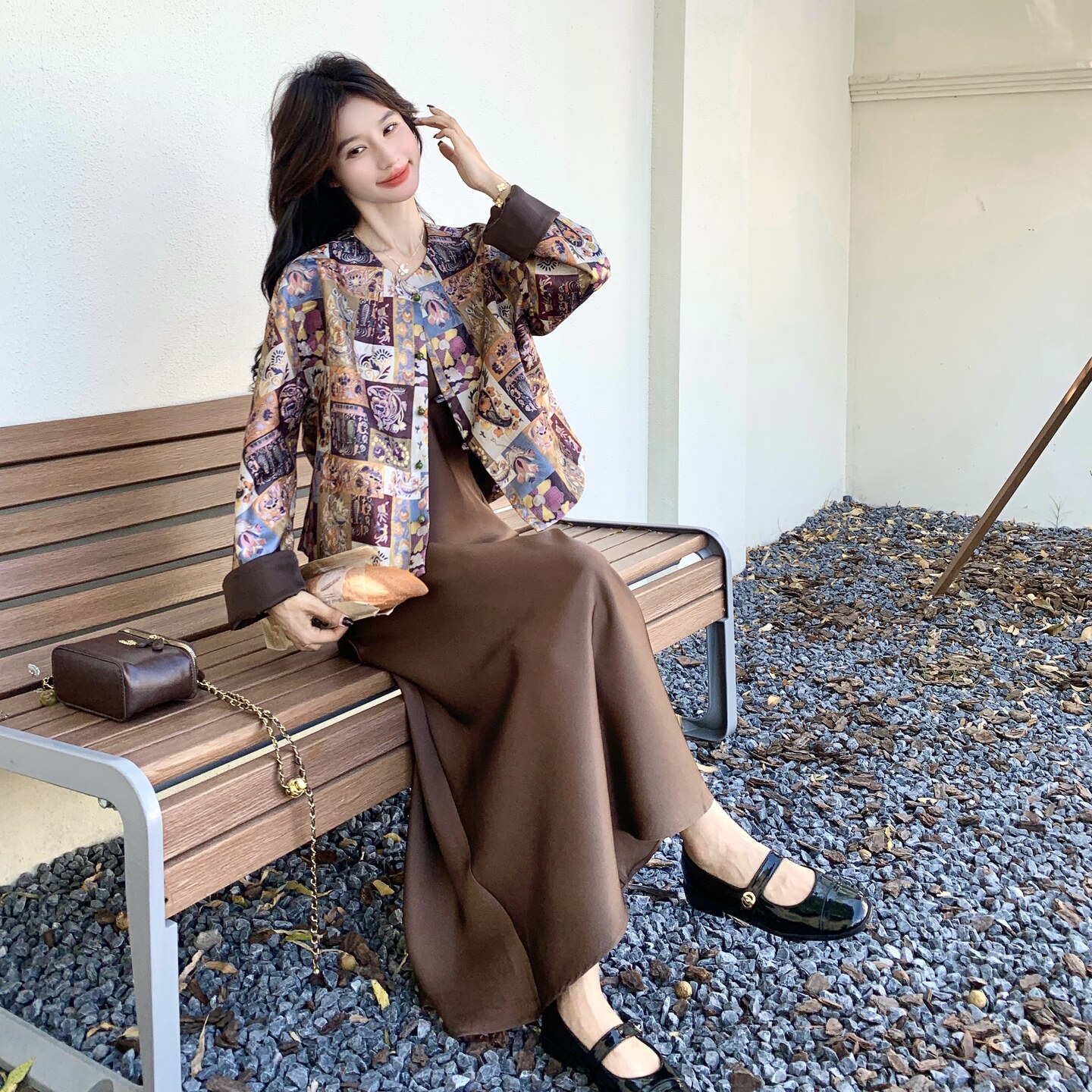 新中式印花外套吊带连衣裙套装女2025秋新款独特绝美度假风两件套,女装套装/套裙,2C135